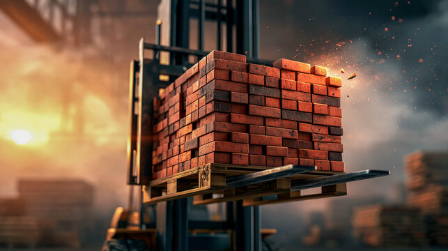 A loader lifts a wooden pallet with stacked red bricks in a dusty brick factory workshop, showcasing the concept of construction, industrial production, and construction materials logistics.