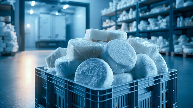 A plastic box with cheese heads and slices wrapped in transparent plastic is located in a refrigerated dairy storage facility, showcasing the concept of cheese storage, maturation, and logistics.