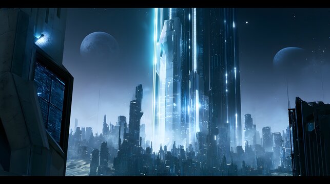 Futuristic orbital elevator ascends from desert city showcasing engineered innovation and distant planetary views