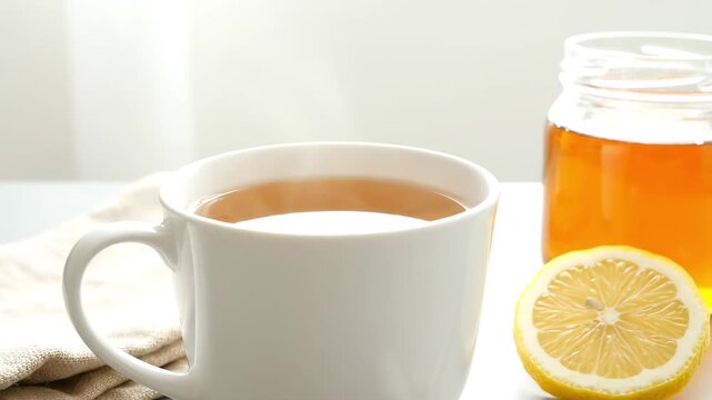 Steaming mug of hot herbal tea next to fresh lemon and a jar of sweet honey. Traditional natural remedy for cold and flu recovery