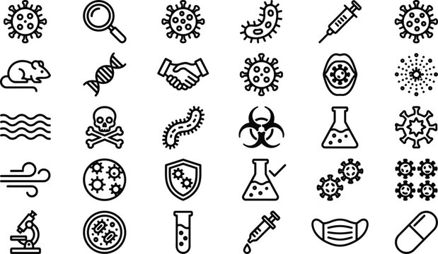Virus and medical research outline icon set featuring bacteria vaccine laboratory biohazard healthcare and infection prevention symbols