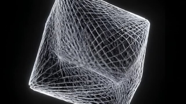 Abstract Geometric Wireframe Structure Rotating Slowly Against Black Background.