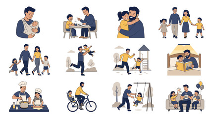 Fototapeta premium Modern Father’s Day family icon collection featuring loving fathers, parenting moments, children, and happy family activities in a clean flat vector illustration style perfect for web