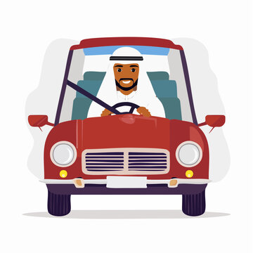 Man in traditional Arabic clothing driving a car