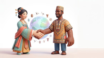 Fototapeta premium Diverse Asian Woman and African Man Shaking Hands Symbolizing Global Unity and Culture