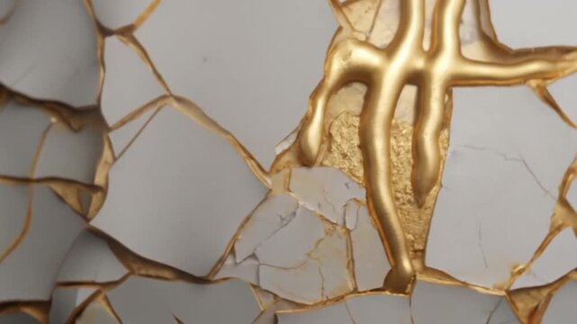 The texture of the bone-white, cracked surface is revealed, where the gaps are filled by dynamic streams of glistening liquid gold.