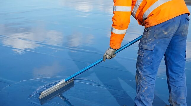 Man in orange safety jacket applying blue coating to surface with squeegee tool