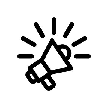 A black and white icon of a megaphone with lines radiating from it indicating loudspeaker or announcement