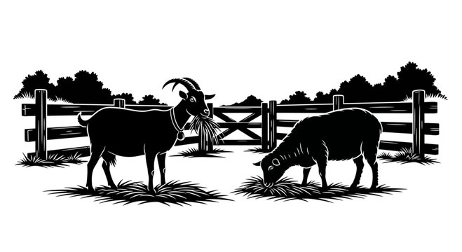 Sheep and goat grazing in a rural farm paddock silhouette
