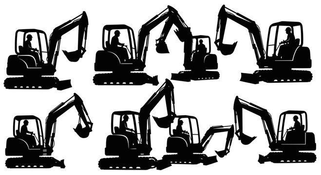Mini Excavator Silhouettes - Construction Machine Set