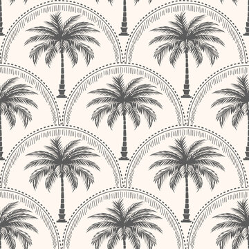 Seamless Tropical Palm Tree Pattern with Vintage Botanical Style Background