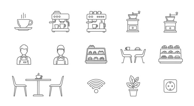 Coffee shop icons set beverages machines tables wifi and baristas