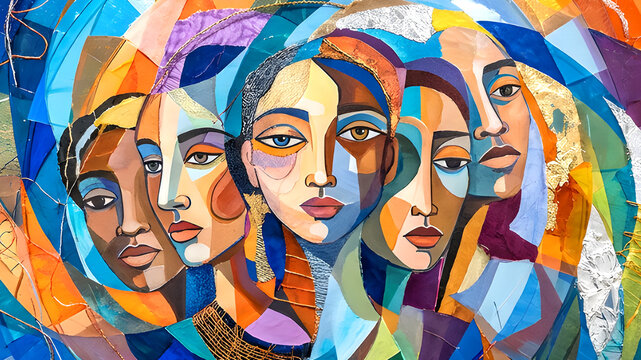 Multicultural human faces united across abstract globe promoting global harmony