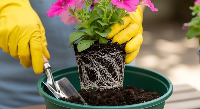 Gardener wearing bright gloves transfers flowering plant with visible root ball into a larger container