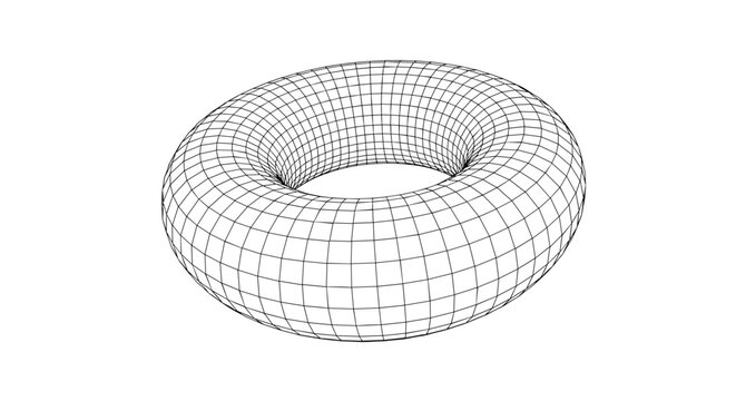 Technical three dimensional wireframe model of torus or donut shape showing geometric mesh grid on a minimalist white background.