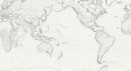Fototapeta premium World Map Outline - Pacific Ocean View, Topographical, Black and White