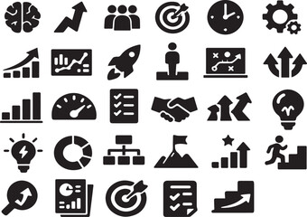 Obraz premium Comprehensive Set of Business Growth and Strategy Icons for Marketing Analysis, Professional Startup Development, Team Collaboration, Success Achievement, and Data Visualization Graphics.