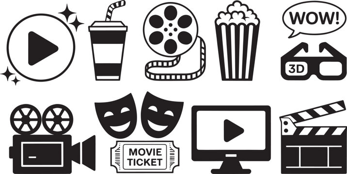 Cinema icons set playback entertainment popcorn film reel and 3D glasses media symbols.