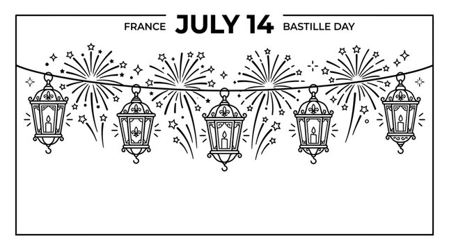 Bastille Day France July 14th Celebration Hand Drawn Illustration.