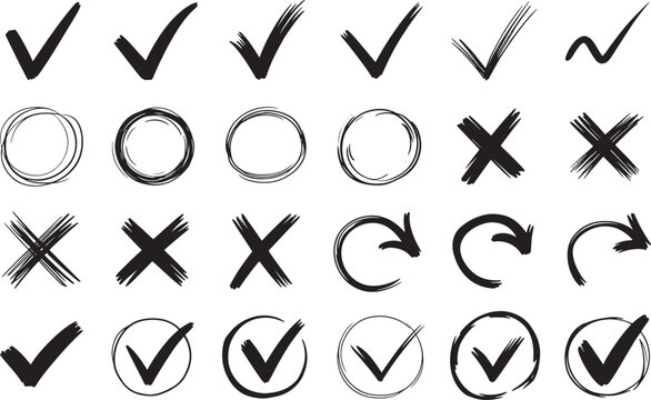 Collection of hand drawn check marks, crosses, circles and arrows signs on transparent background.