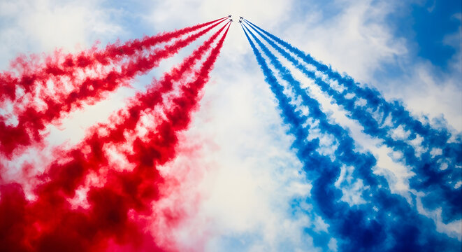 Spectacular independence day air show jet aircraft creating red white and blue smoke trails in sky