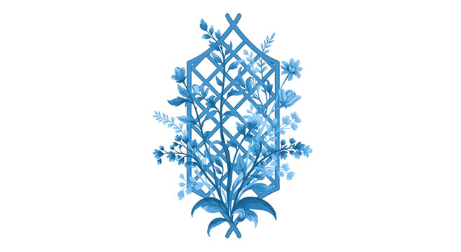 Blue watercolor floral trellis with climbing garden flowers