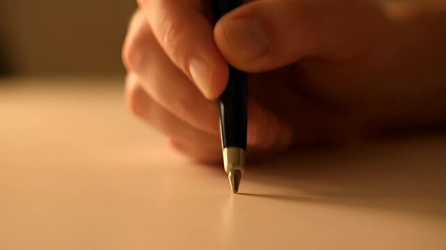 Hand pen desk writing closeup shadow warm light fingers holding poised to write on paper evoking focus and calm in warm light