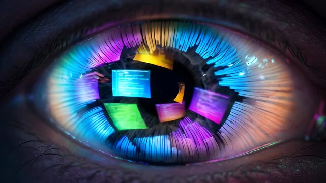 Colorful digital screen reflection human eye iris pupil with neon glowing panels and emotional reflection vibrant digital display