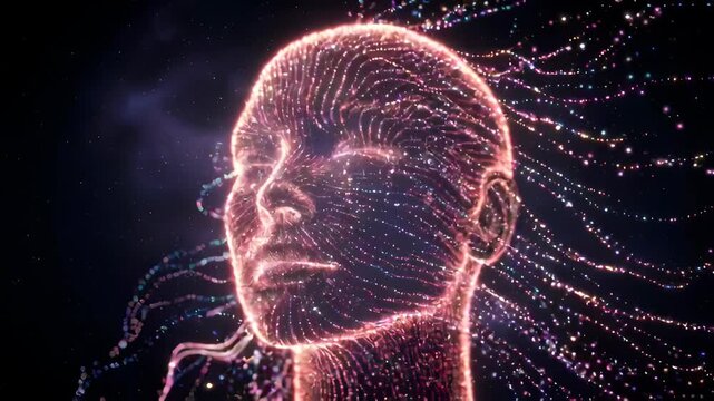 Glowing purple digital human face made of particles and flowing light strands abstract particle stream blue light futuristic