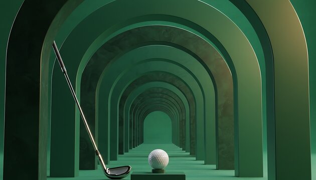 Golf club and ball in a modern green arched tunnel with a sense of depth