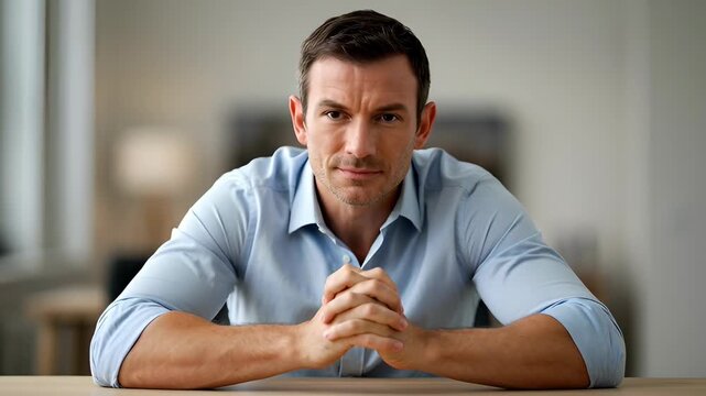 Confident adult male portrait sitting table with folded hand, thoughtful man seated with hands clasped, contemplative expression