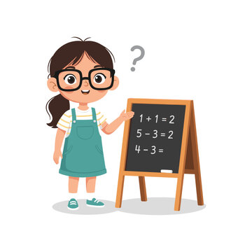 Girl with glasses pointing at a math blackboard with equations