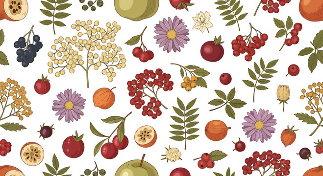 Vintage botanical seamless pattern with autumn berries and flowers