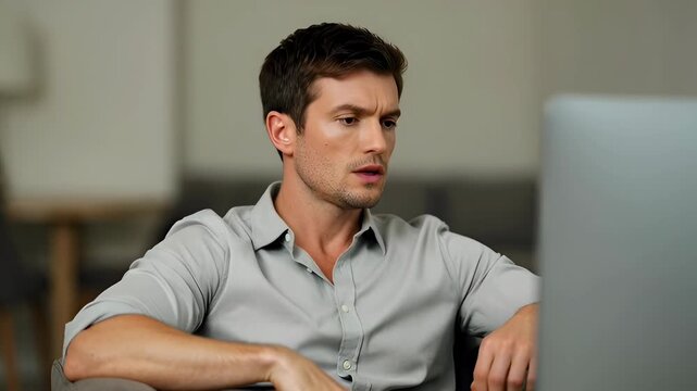 Man shirt rubbing arm with tired expression couch living room concerned and pensive young man watching laptop relaxed thoughtful
