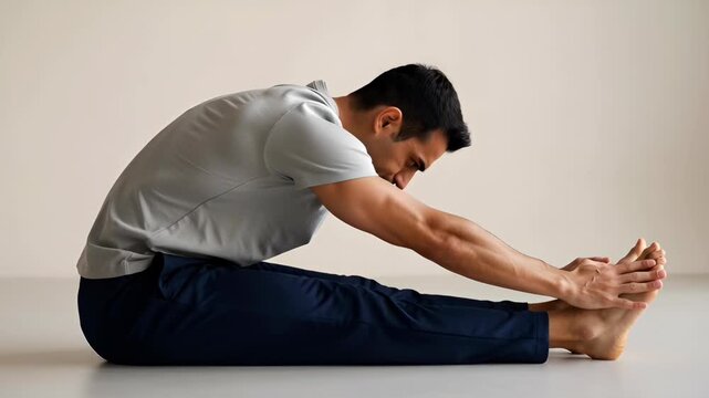 Young man male adult stretching seated forward bend floor showing flexibility calm focused expression and stretching legs wearing
