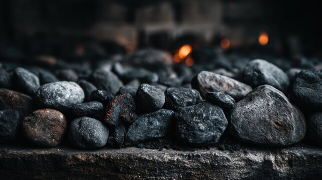 Dark Smooth River Stones on Fire Bricked Surface