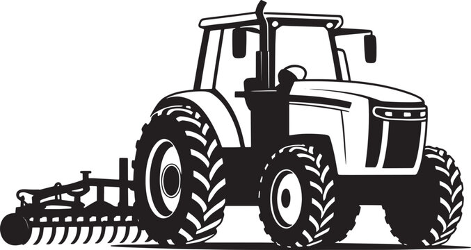 Modern farm tractor pulling agricultural plow attachment for soil cultivation on rural countryside.