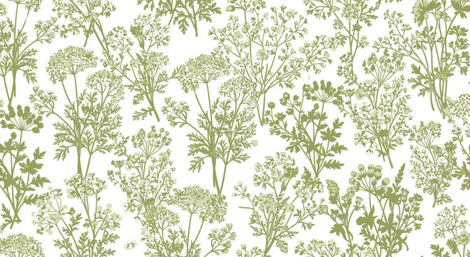 Sage green floral seamless background with hand drawn wildflowers