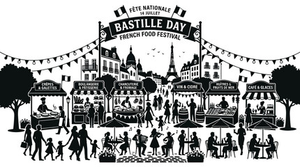 Obraz premium Bastille Day French food festival street fair illustration.