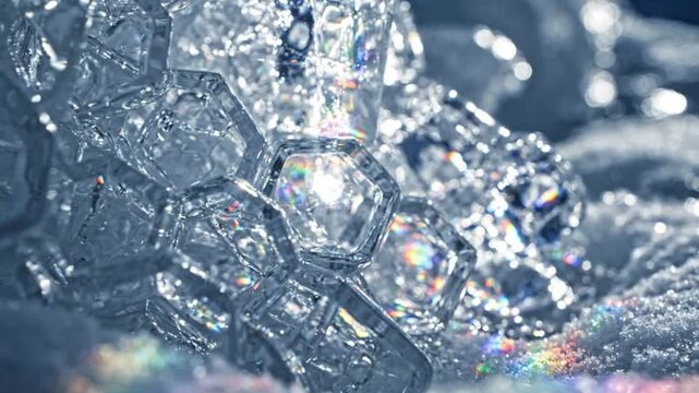 Close-up of sparkling ice crystals with rainbow refractions, cold abstract macro photography