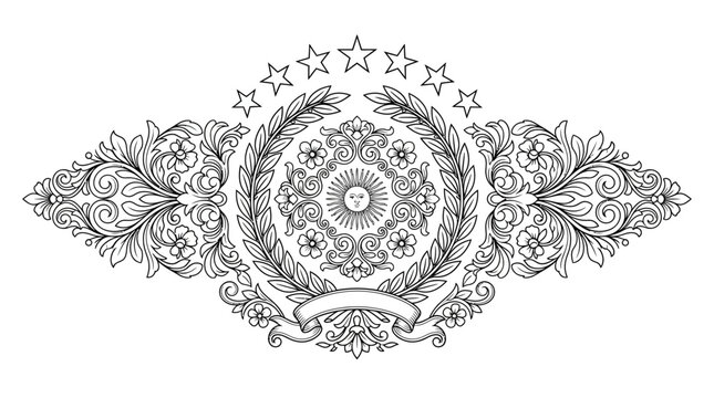 Vintage ornate heraldic emblem with laurel wreath and stars.