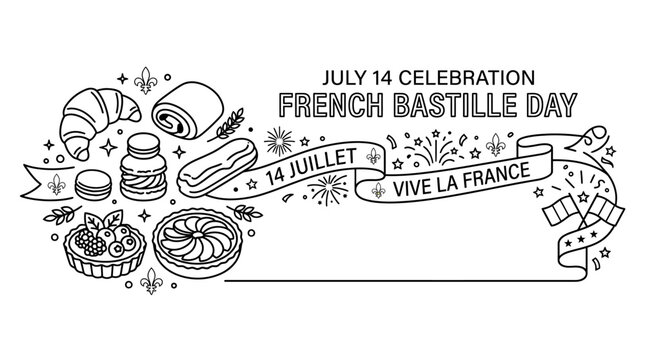 Bastille Day French National Day Celebration Line Art Illustration.
