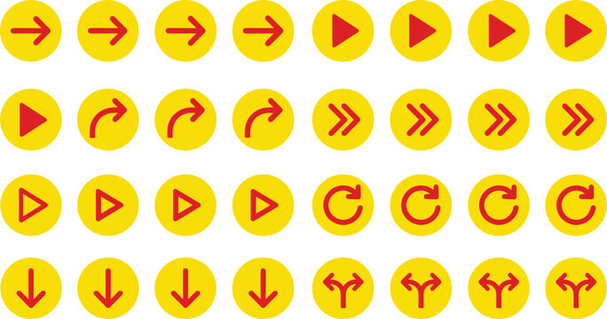 Arrow Icon Set Featuring Directional, Play, and Loop Arrows in Bright Yellow and Red for Navigation and UI Designs
