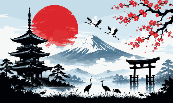 Traditional Japanese Landscape Vector Illustration with Mount Fuji, Pagoda, Red Rising Sun, Cherry Blossoms, Torii Gate, and Flying Cranes in a Modern Ukiyo-e Style Art for Travel Posters.