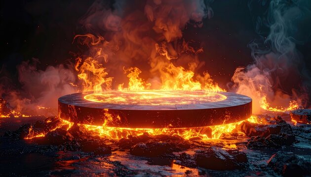 A glowing circular platform erupts with intense flames and molten lava against a dark, smoky background.