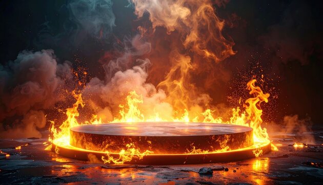 A dramatic circular pedestal engulfed in blazing fire and smoke on a dark, textured ground.