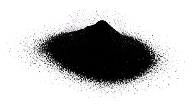 Grainy black pile of charcoal powder or volcanic sand on white