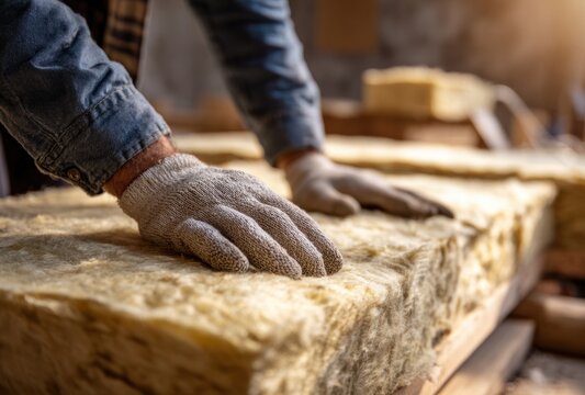 Construction worker installing rock wool insulation in wall cavity of house for thermal efficiency