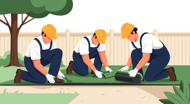Landscapers installing fresh green sod rolls in backyard garden