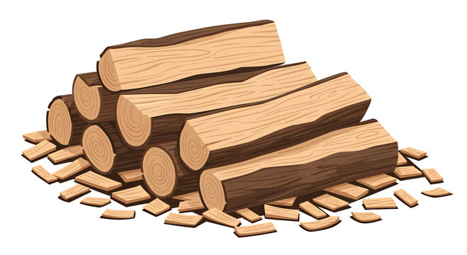 Stack of firewood logs and timber pieces on white background